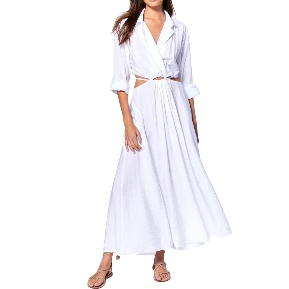 NWT Young Fabulous & Broke White Derby Maxi Shirt Dress Cutout Waist‎ Size Small
